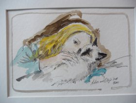 Adina mit Büsi Aquarell/Tusche 
40 x 50 cm