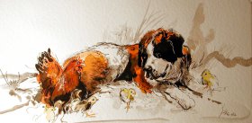 Stilleben mit Bernardiner Aquarell/Tusche 
40 x 70 cm